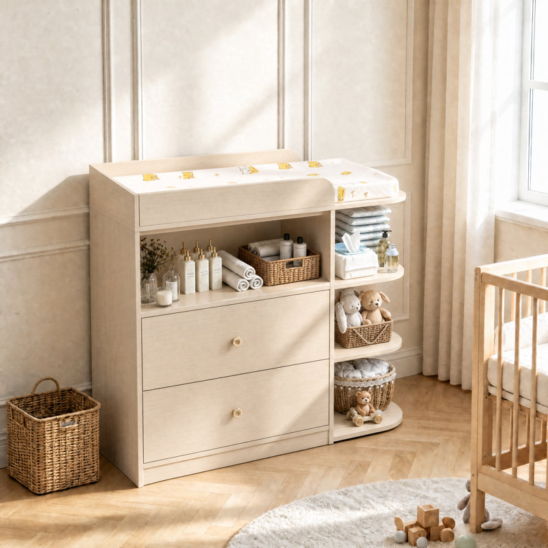 Commode à langer, commode pour chambre de bébé avec 4 tablettes ouvertes, table à langer, Bois naturel