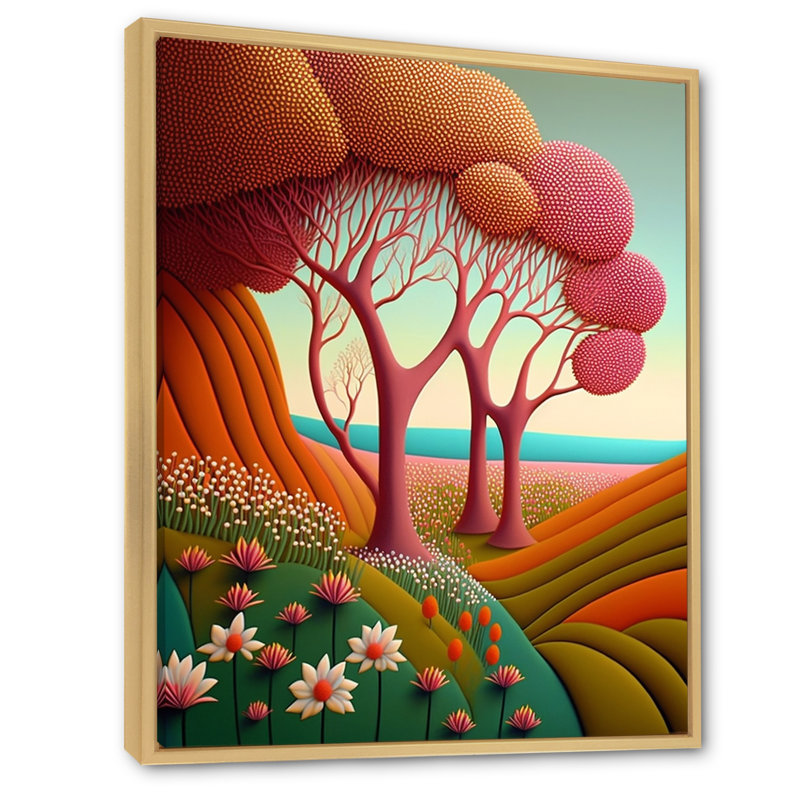 «Serene Magical Pink Trees In Flowerfields», reproduction sur toile, H 40 po x l 30 po x P 1,5 po, Cadre naturel flottant