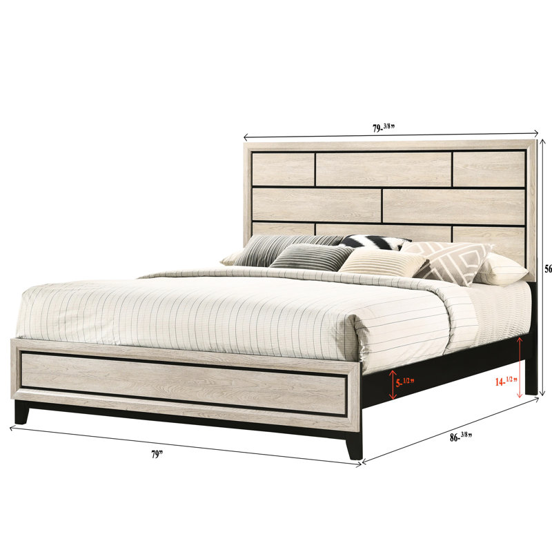 Très grand lit à profil bas géométrique en bois et blanc crème avec une finition craie, Blanc, crème