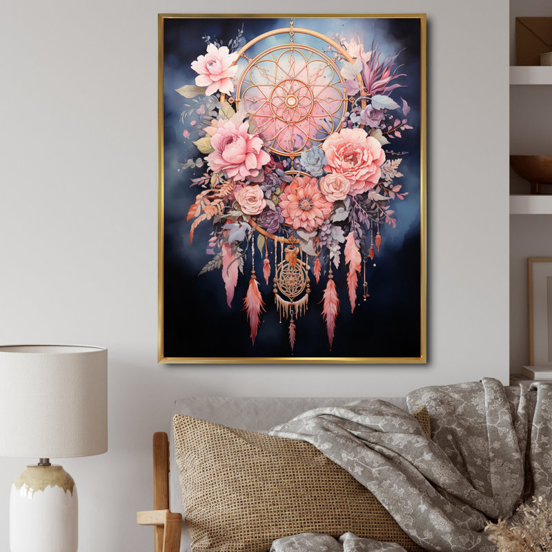 «Weires Pink Dreamcatcher Dusks Embrace», reproduction sur toile, H 32 po x l 16 po x P 1 po, Cadre flottant doré
