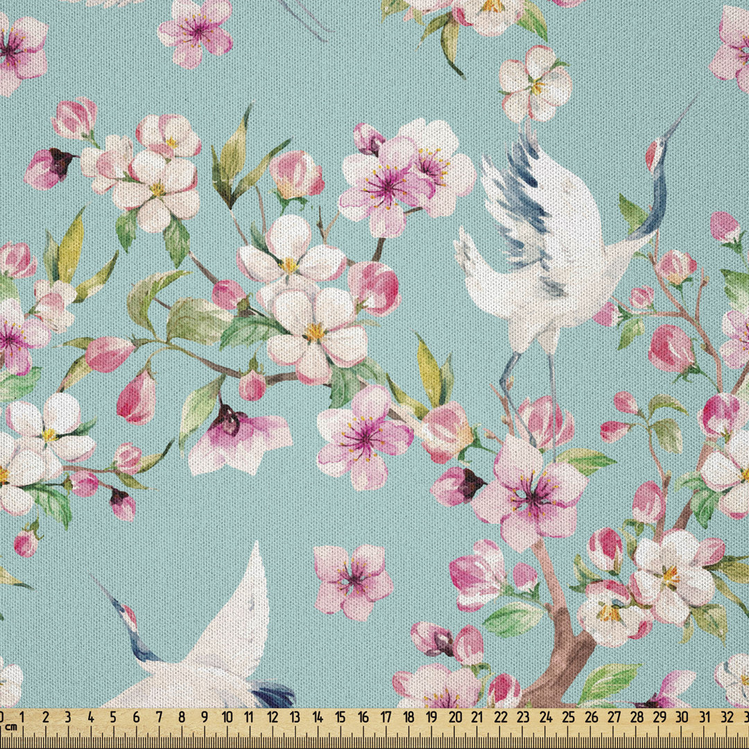 Ambesonne Flowers Fabric By The Yard, Watercolor Art Style Flying Crane Birds Pink Sakura Cherry Blossoms Exotic, Microfiber Fabric For Arts And Crafts Textiles & Decor, 5 Yards, Multicolor East Urban Home 