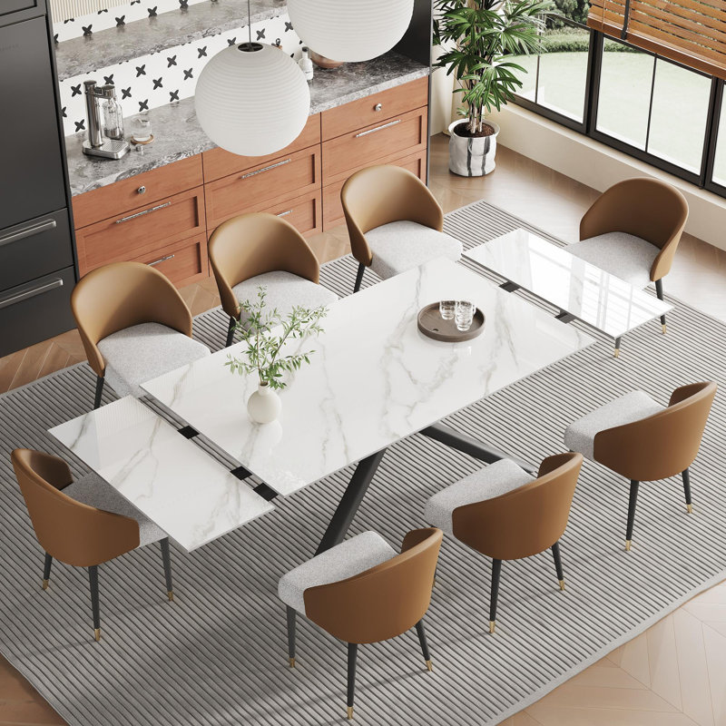 Mahjabin 9 - Piece  Dining Table Set 102.36'' Extendable Sintered Stone Table and 8 Faux Leather Chairs Dining Set, White