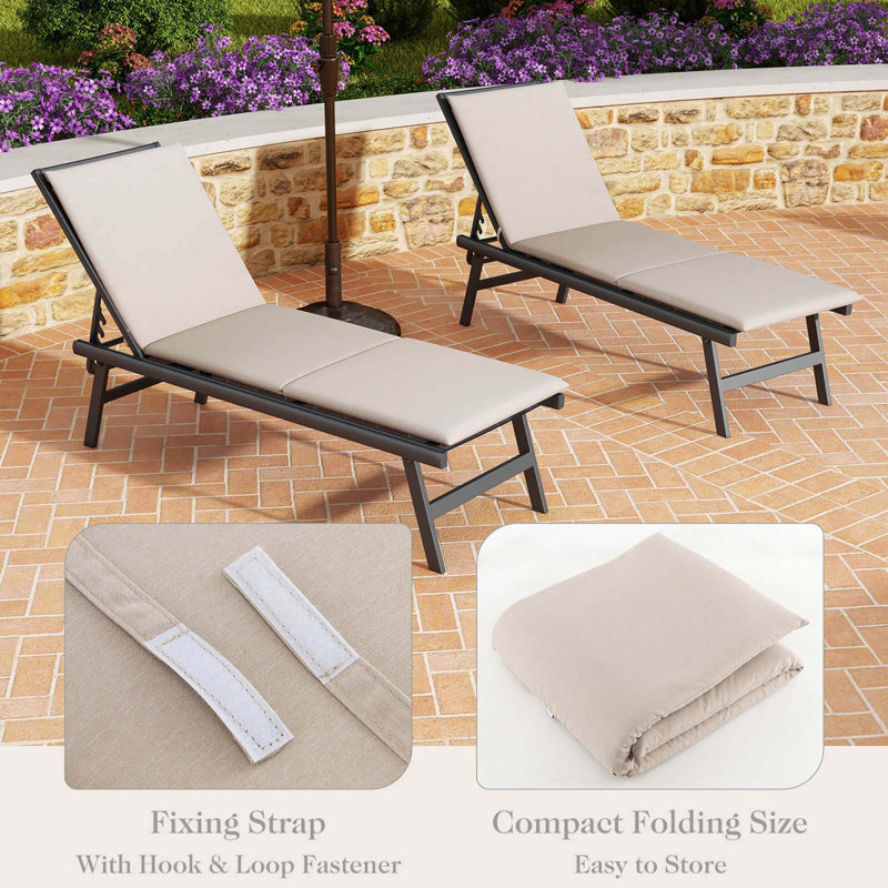1 Pcs Outdoor Chaise Lounge Cushion With Hook & Loop Fastener Fixing Straps Patio, Beige