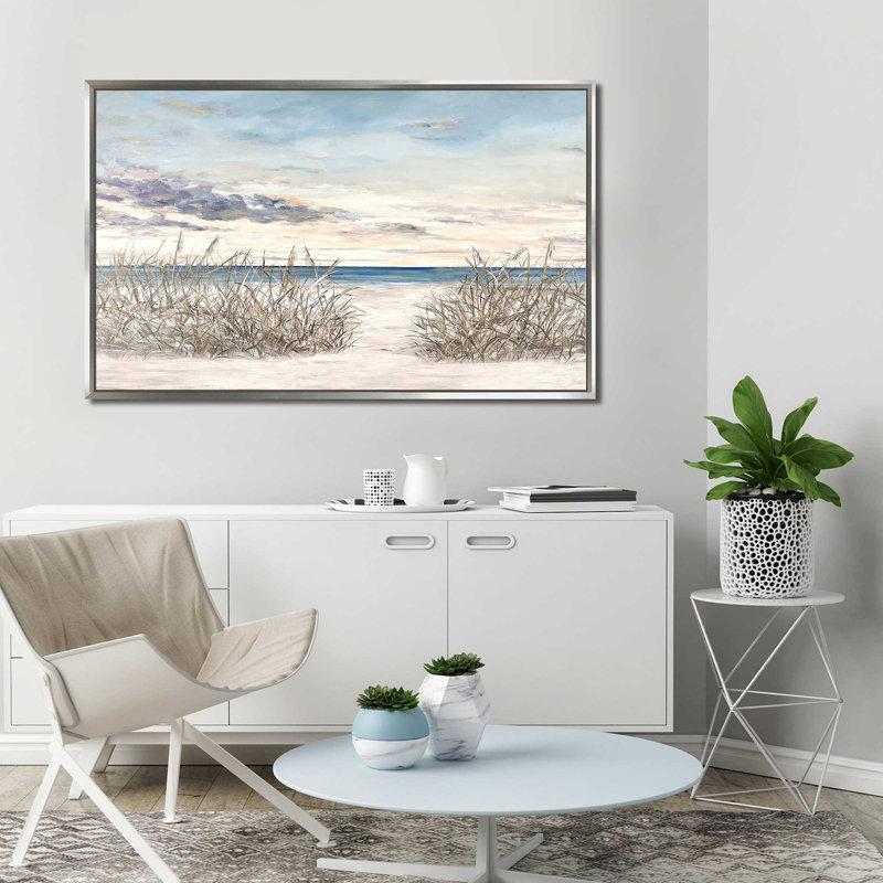 Windy Beaches par Julie Derice - Peinture, H 39,5 po x l 63,5 po x P 2 po, Cadre flottant argent