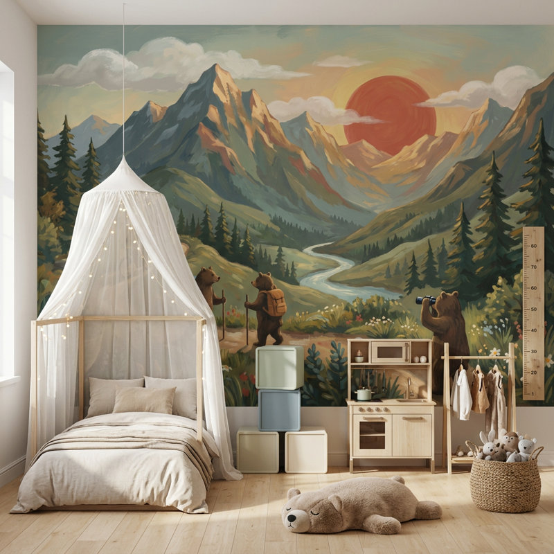 Papier peint montagne, décorations murales amovibles, aventure en plein air, ours fantaisistes, Texturé non collé