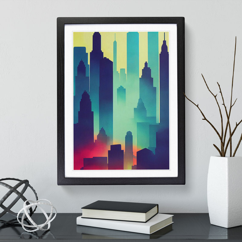 City Skyline Watercolour No.6 Abstract - Single Picture Frame Painting, Black, 64cm H x 46cm W x 2cm D