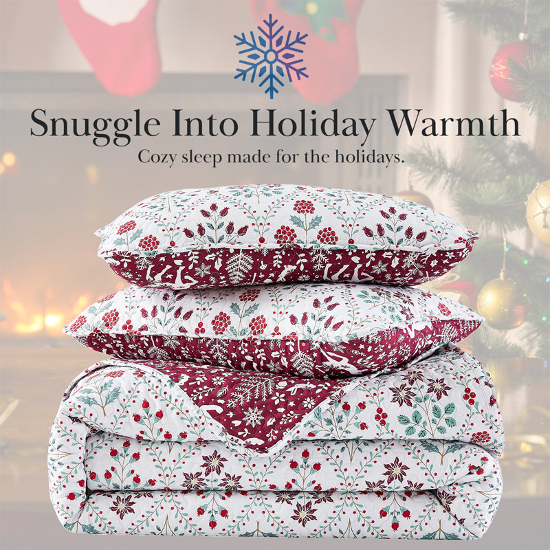 Holiday Harmony Oversized Reversible Holiday Bedding lightweight Quilt Set with shams, Queen Quilt + 2 Standard Shams