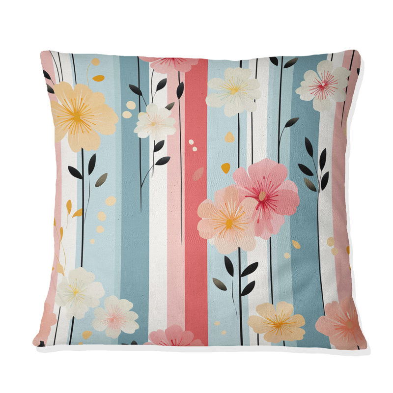Coussin décoratif rétro en polyester à rayures et fleurs pastel, H 16 po x l 16 po