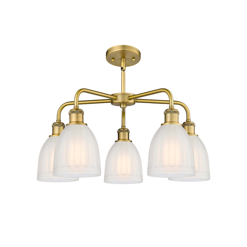 Lustre tambour en acier à intensité variable 5 lumières Poway, Laiton brossé, Blanc