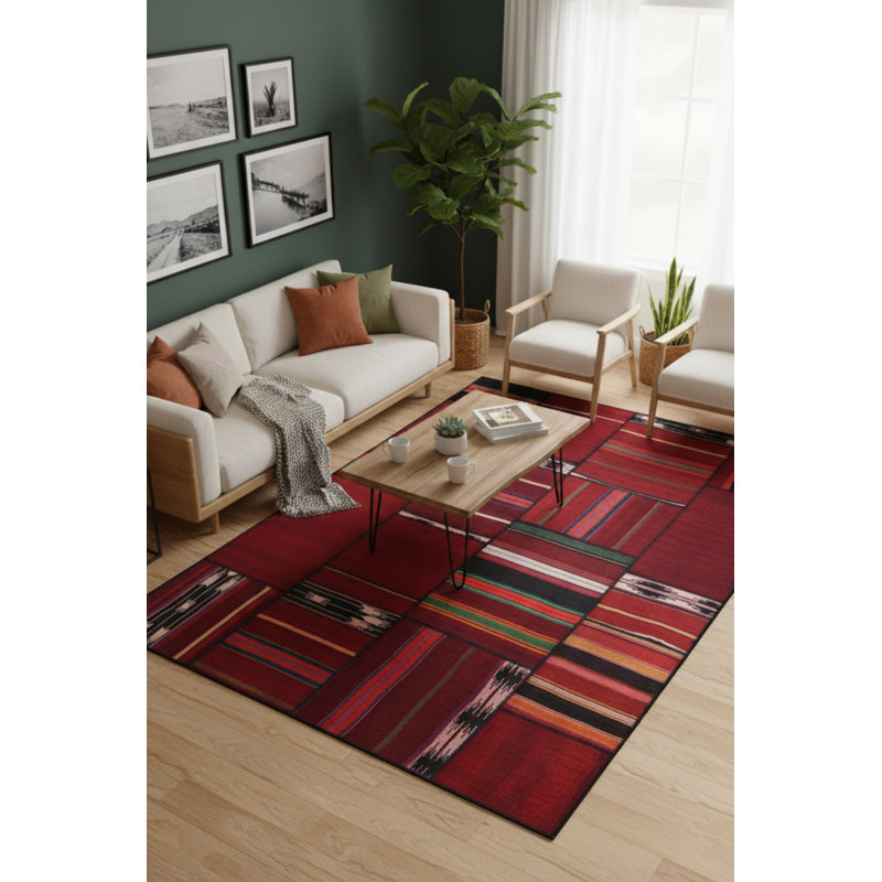 Tapis décoratif rouge à motif tissé patchwork, Rectangle 3 pi 10 po x 5 pi 3 po