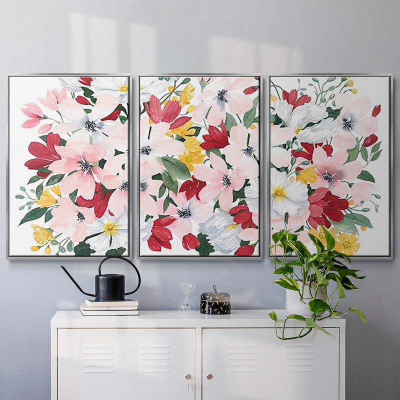 «Spring Bliss III», reproduction sur toile 3 pièces, H 24 po x l 48 po, Encadrement argenté