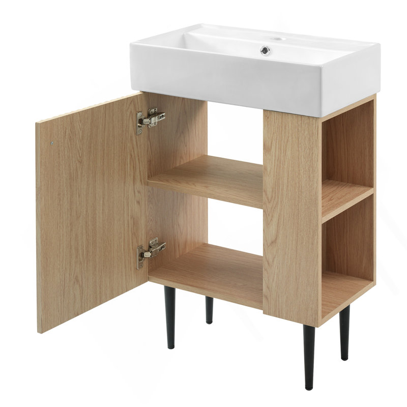 Meuble-lavabo en bois 21,6 po, armoire combinée, meuble de rangement pour salle de bain, lavabo simple en céramique, rangement sur le côté droit