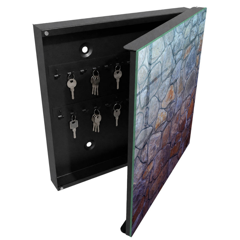 Wall mounted key box, Opens to the right, 30x30x5, Black, A charming wall made of natural stones, 