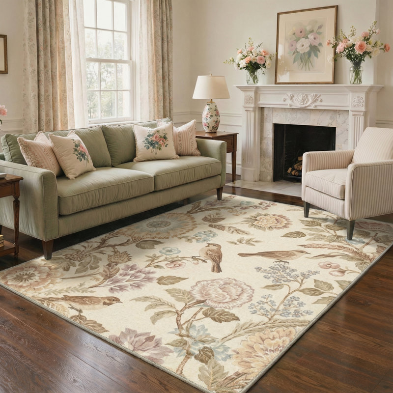 Aura Floral Machine Washable Beige Indoor Area Rug with Non-Slip Backing, Rectangle 8' x 10'