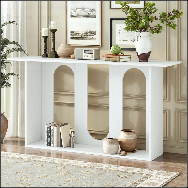 Curved Ash Veneer Console Table with Lower Shelf, White