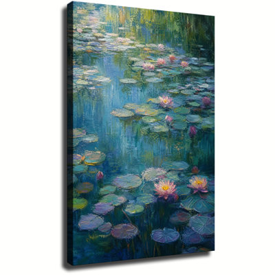 Print Canvas Wall Art, Impressionist Water Lily Pond Thick Palette Knife Green Blue Lake Landscape Living Room Wall Decor