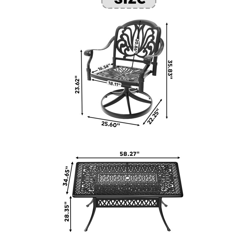 Table de salle à manger en aluminium coulé toutes saisons 7 - 6 chaises pivotantes et table rectangulaire, mobilier d'extérieur raffiné, sièges confortables et confortables, capacité de 350 lb de chaise, poids aléatoire de 160 lb