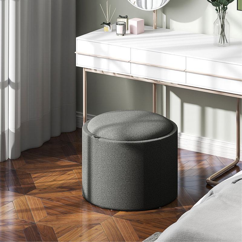 Repose-pieds rembourré en tissu de lin, table basse ronde avec plateau rabattable, gris foncé