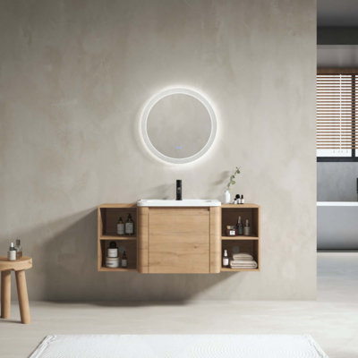Meuble-lavabo mural avec lavabo en céramique et tablettes de rangement et porte à fermeture en douceur 1 contreplaqué