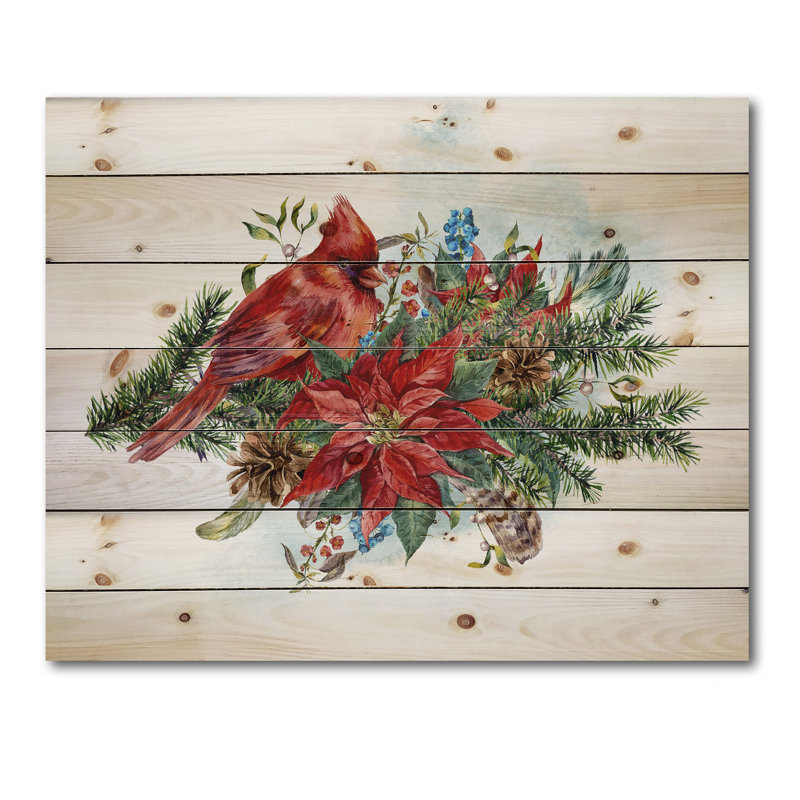 Poinsettia de Noël et cardinal rouge - impression traditionnelle sur bois de pin naturel, H 10 po x l 20 po x P 0,78 po