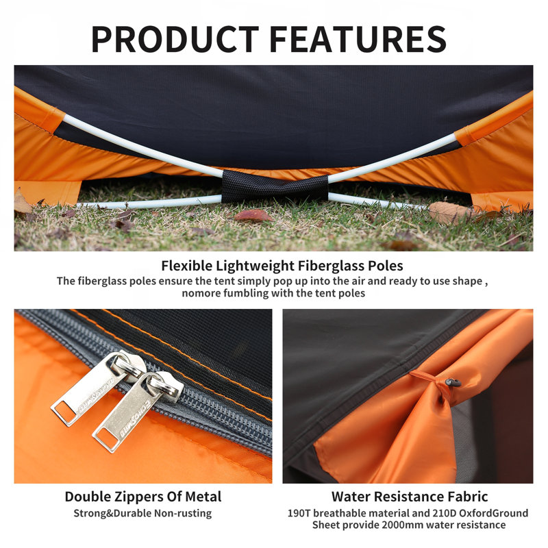 Tente de camping 2 personnes noire + orange avec installation rapide, intérieur spacieux et durabilité accrue pour les sorties en famille