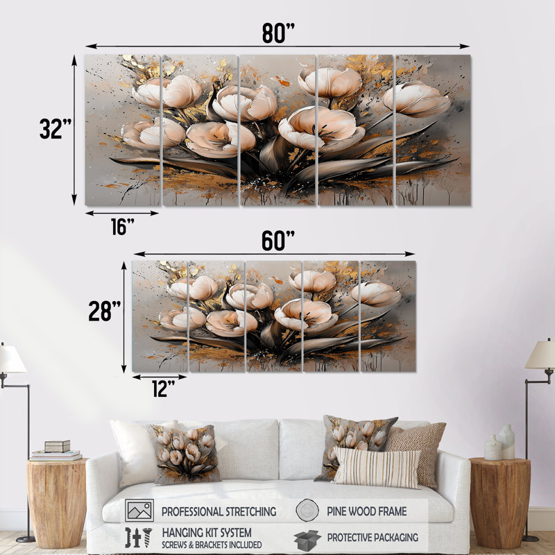 Bretagne - Tulipes, art mural - art mural traditionnel, toile 5 pièces, H 28 po x l 60 po