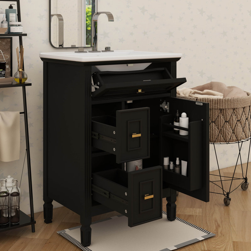 Meuble-lavabo autonome de 24 po avec lavabo - un tiroir rabattable, deux tiroirs ordinaires et une tablette réglable, Noir
