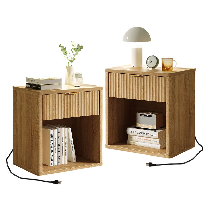 Night Stand Set Of 2, Nightstands With Drawer Storage Fluted, Bedside Table With Power Outlet, Wood Wide Bedside Stand With Lights For Bedroom Living Room Sofa Office