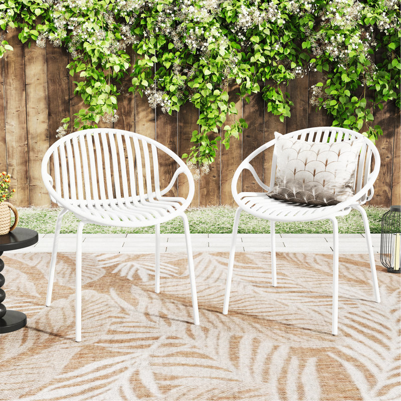 Patio Dining Chairs Stackable Chairs With Breathable Design Modern Simple Art Style (Set Of 2),Metal Legs+Plastic Backrest,White