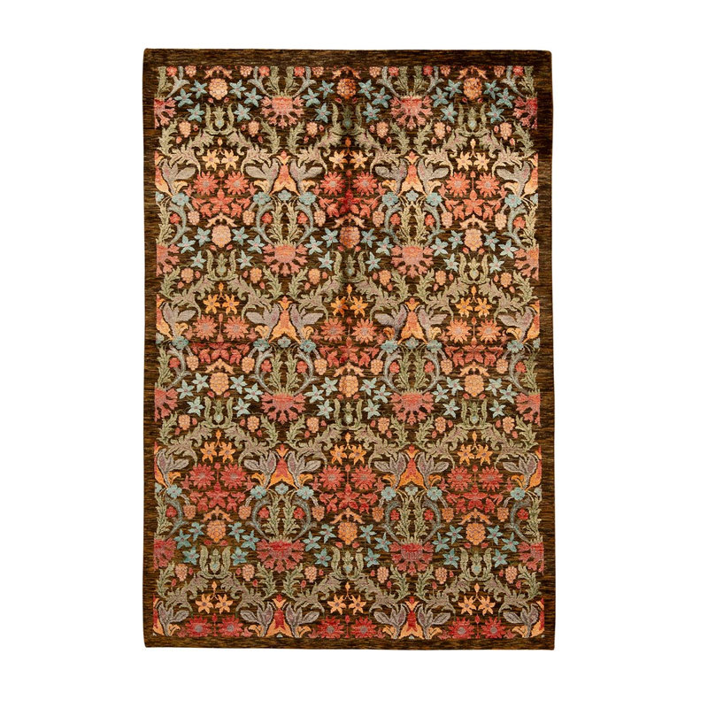 Tapis doré / rouge noué à la main 5 pi 4 po x 7 pi 9 po