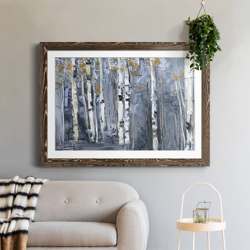 Bouleau moderne - peinture encadrée, Encadré de bois de noyer, H 37,5 po x l 27,5 po x P 1,5 po