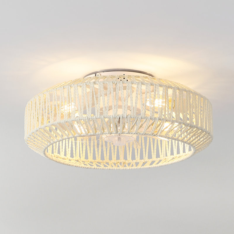 Rowan 19.5" 4-Light Modern Bohemian 6-Speed Metal/Rattan Mobile-App/Remote-Controlled Lantern LED Ceiling Fan, Cream/White
