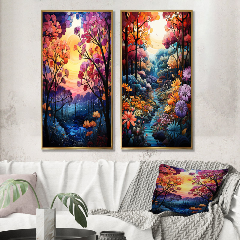 Mauve et rose, auvent forêt - ensemble de 2 reproductions d'art mural forêt, H 40 po x l 41 po, Encadrement doré