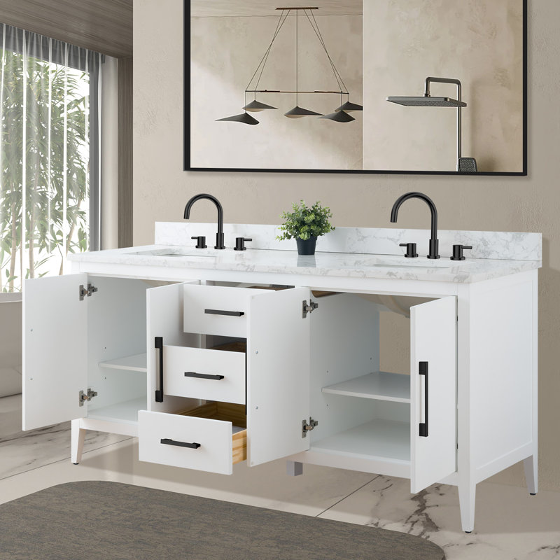 Meuble-lavabo double 72 po avec plateau en marbre, Blanc, Noir mat