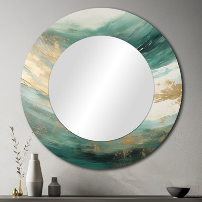 Or et vert Soft Wave Fusion - miroir de formes abstraites, miroir mural rond beige, impression d'art en métal