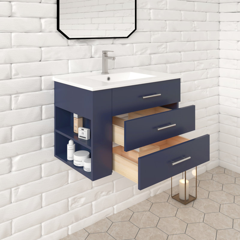 Aurilla 30 in. Single Sink Wallmount Bath Vanity with White Ceramic Countertop in Marine Blue with Left Side Shelf
