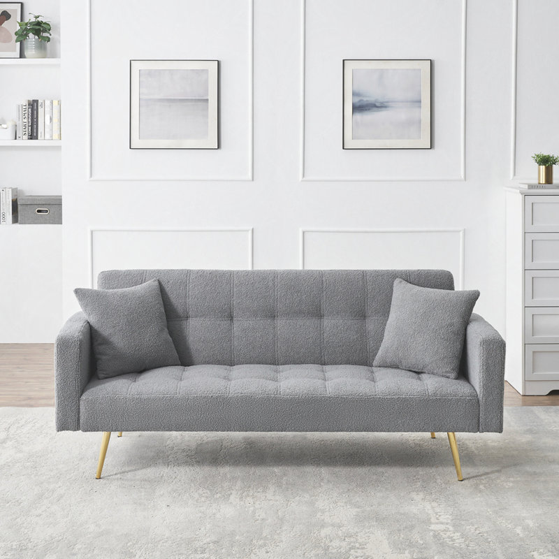 Canapé-lit 71,7 pouces en molleton gris avec deux coussins décoratifs inclus