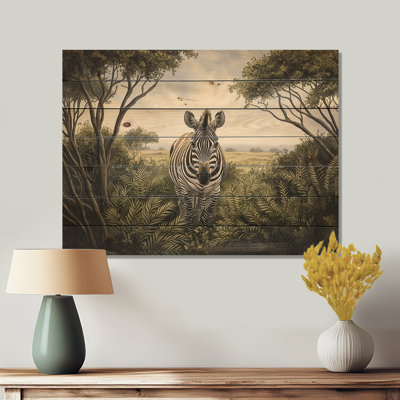 Aquarelle Zebra Garden I - Décoration murale moderne en bois sur bois de pin naturel
