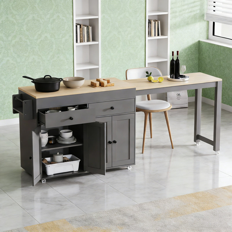 74.5 Inch Rolling Kitchen Island with Extendable Dining Table, Ample Storage, and Lockable Wheels for Flexible Use., Grey