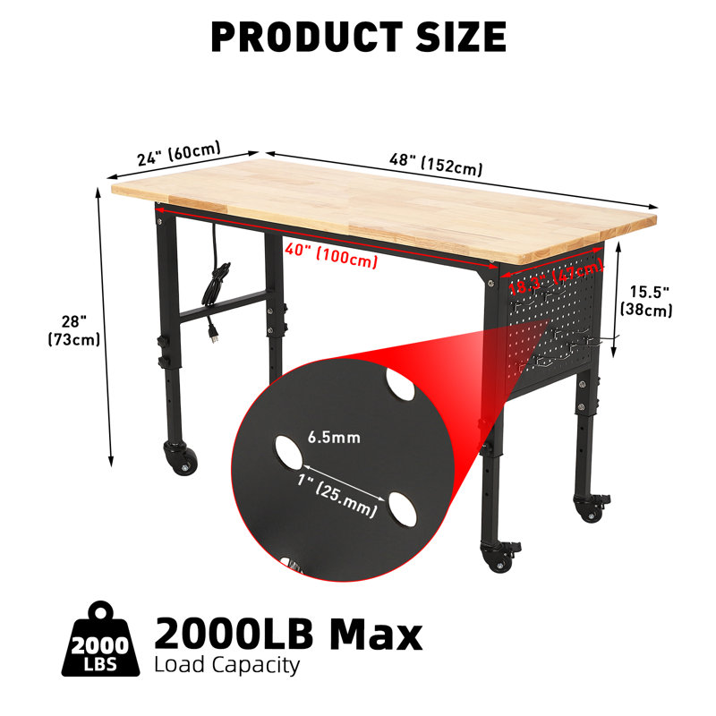 Work Benches for Garage,Garage Workbench with Wheels,Adjustable Height Workbench,Work Table 2000Lbs Load Capacity Heavy Duty MDF Wood Desktop Work Table for Garage Warehouse Utility Room