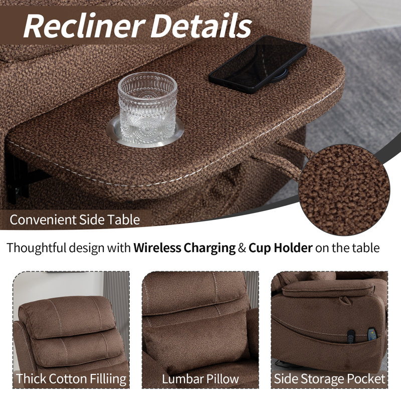 Fauteuil inclinable électrique à deux moteurs avec plateau, table chauffante et massage, Brun