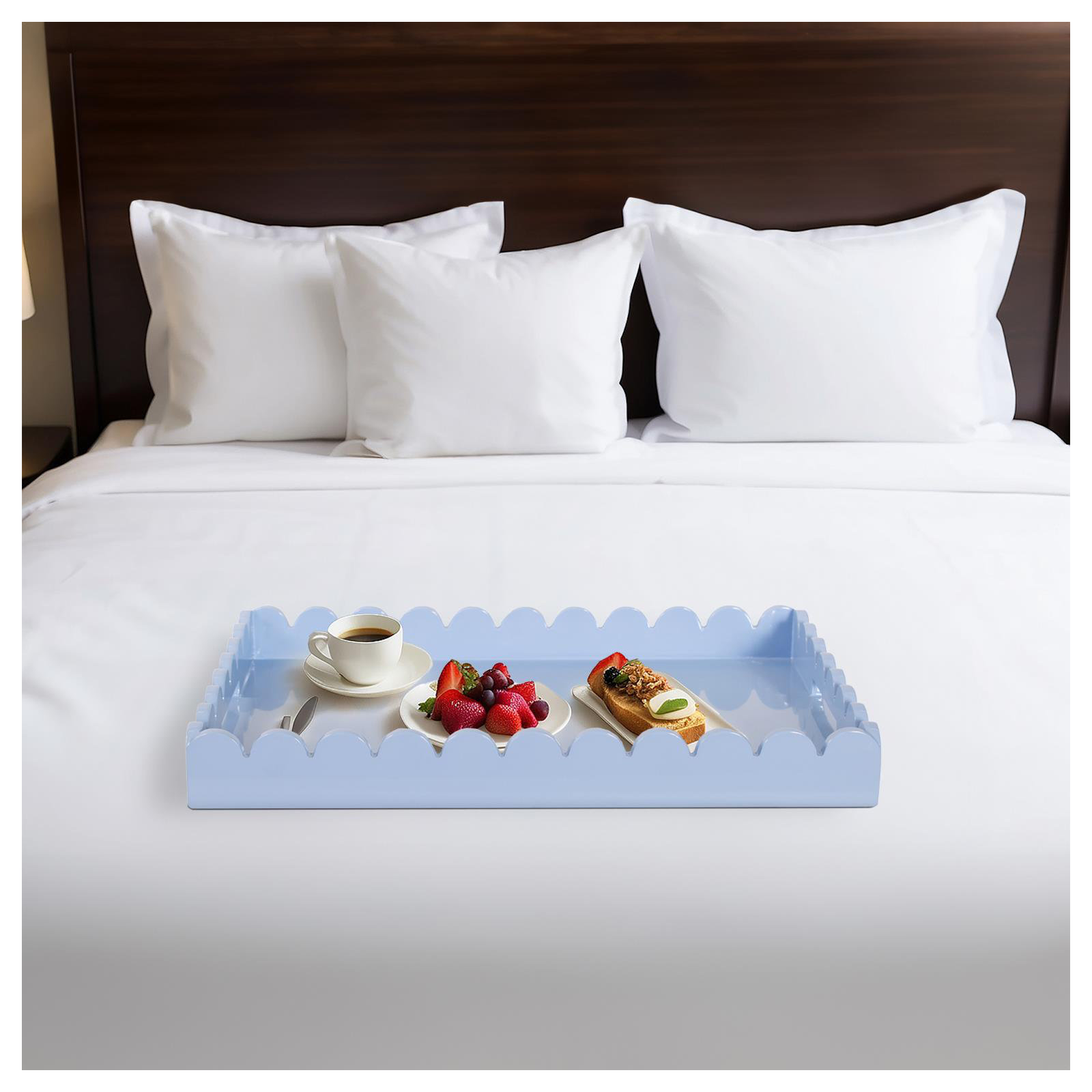 Hindley Hand-Crafted Rectangular Scalloped Wood Tray, Light Blue