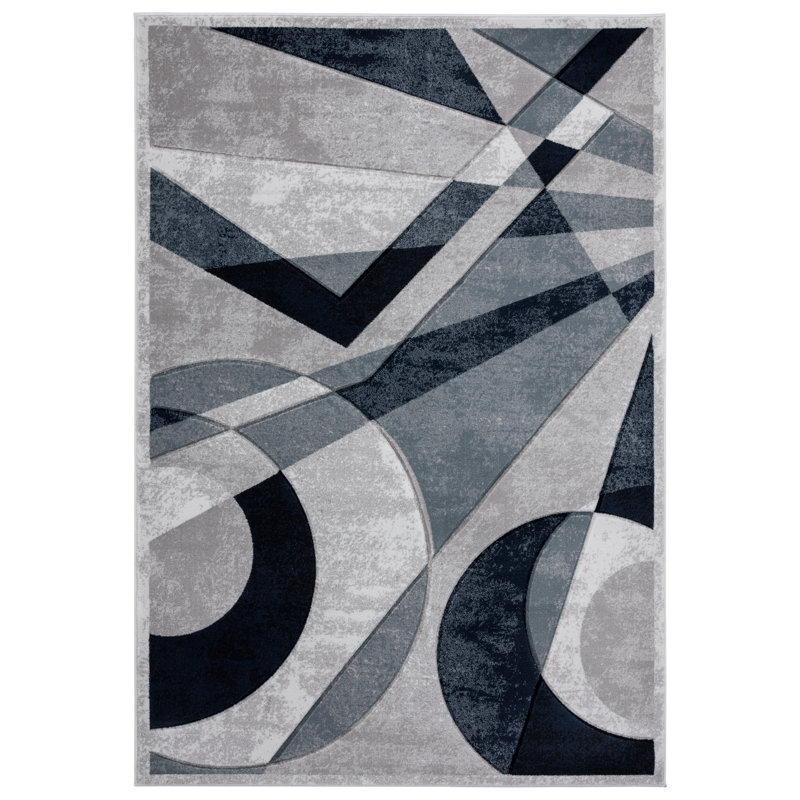 Tapis abstrait bleu / blanc Adonia, Rectangle 2 pi 1 po x 3 pi 3 po