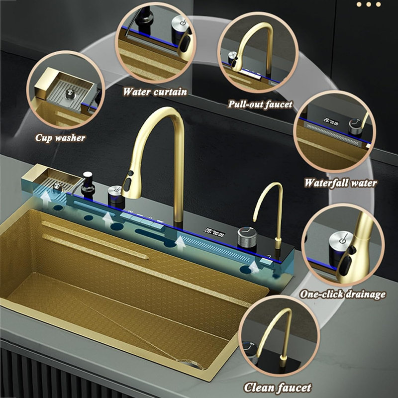 29.5 " L Single Bowl Stainless Steel Kitchen Sink, Gold
