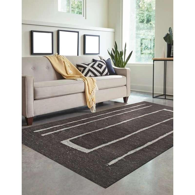 Tapis brun contemporain en laine tissé à plat Kumagai, Rectangle 6 pi x 9 pi