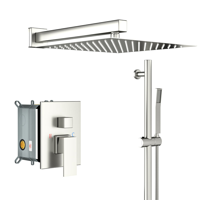 12 Inch Square Shower System In Brushed Nickel - Adjustable Slide Bar, Rainfall Head With -Balanced Valve & Handheld Aspect