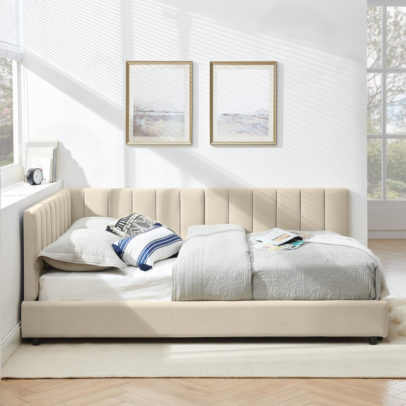 Full Size Daybed with Comfortable Backrest and Armrests, Beige