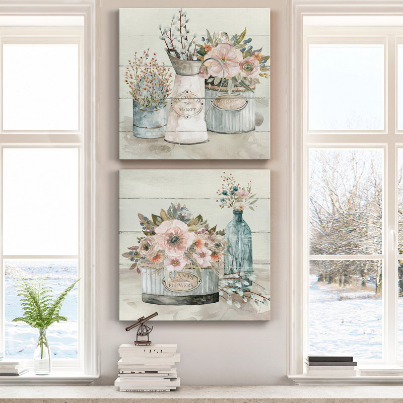 Shiplap Flower Market - 2 pièces, reproduction d'art sur toile tendue, H 10 po x l 20 po x P 1 po