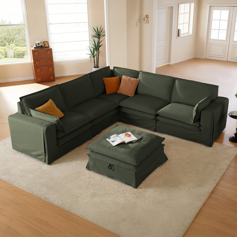 L-shaped Pet-Friendly Fabric Oversized Enveloping Feel Double-decker Sofa With A Storage Ottoman, Green Polyester