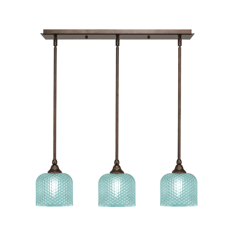 Luminaire suspendu linéaire à 3 lumières avec verre texturé turquoise de 6 po, H 7,25 po x l 26 po x P 6 po, Bronze